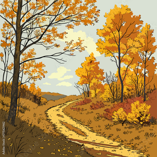 A winding path through an autumn landscape with trees and fallen leaves under a cloudy sky in daylight