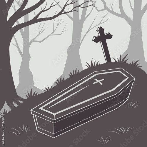 Illustration of a coffin with a cross in a graveyard with tombstones and trees in a grayscale color scheme