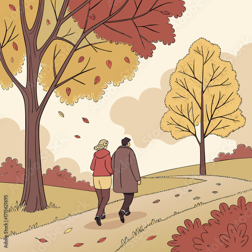 Illustration of a couple walking on a path in an autumn park with trees and falling leaves in the background