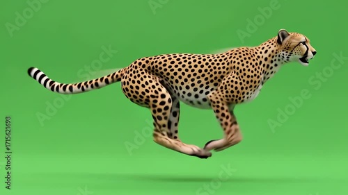 A cheetah running at full speed on a green screen background