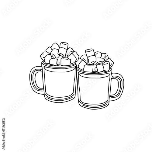 Two mugs filled with marshmallows in a black and white line drawing style illustration design art