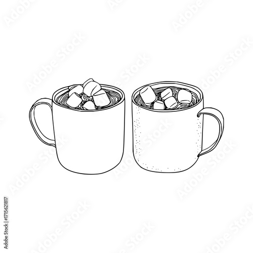 Two mugs of hot chocolate with marshmallows in black and white line art style illustration drawing