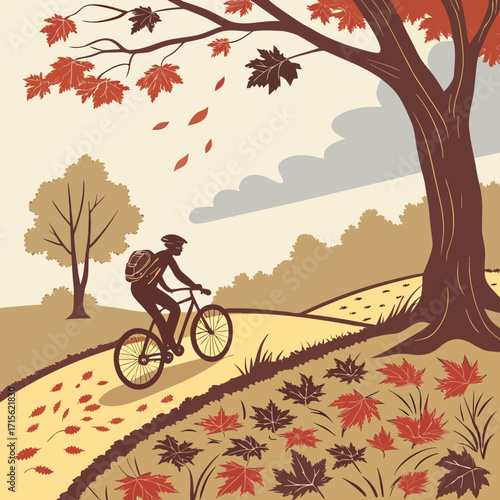 A cyclist rides on a winding path through an autumn landscape with falling leaves and colorful trees