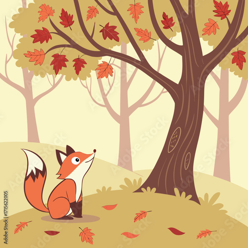 A fox sitting under a tree looking up at falling leaves in an autumn scene with warm color palette