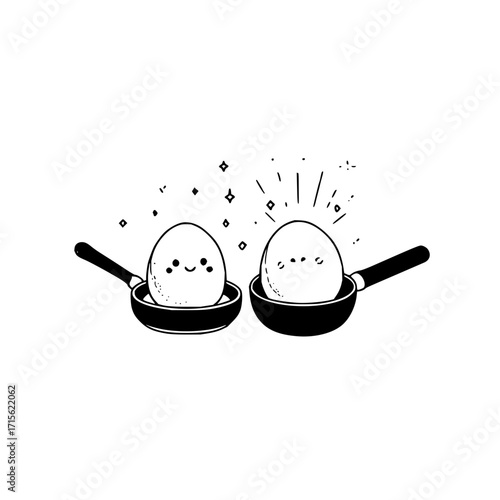 Two cartoon eggs in pans with smiling faces and sparkles in a black and white illustration style