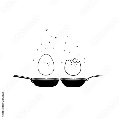 Two cartoon eggs one whole and one cracked in frying pans with cute faces and cooking particles above them