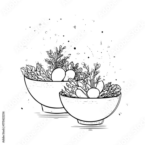 Two bowls filled with radishes and leafy greens in a black and white line art illustration style