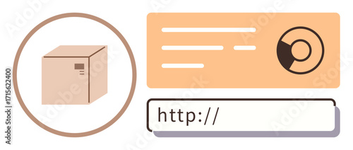 Cardboard box beside analytics chart and website input field representing package tracking and logistics. Ideal for shipping, delivery, e-commerce, logistics, analytics, process optimization, digital