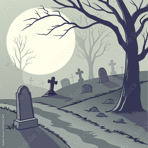 A spooky graveyard scene with tombstones, a large tree, winding path, and a full moon in the background