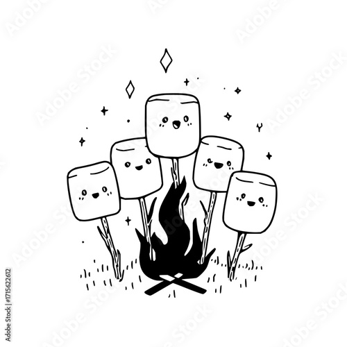 Illustration of five marshmallows on sticks roasting over a campfire with stars and grass around