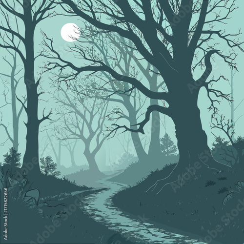 A misty forest scene with a winding stream under a full moon surrounded by bare trees and dense foliage
