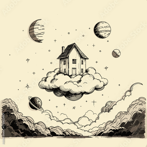 House Floating on Cloud Surrounded by Planets, Whimsical Illustration, Surreal Concept, Copy Space
