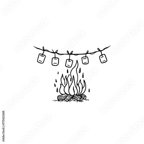 A sketch of a campfire with flames and hanging marshmallows on a string in black and white illustration
