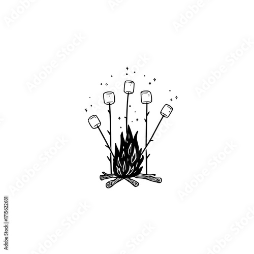 Illustration of a campfire with five marshmallows on sticks ready to be roasted over the flames
