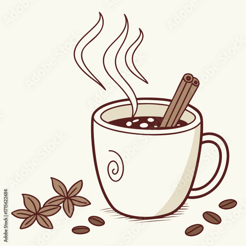 Aromatic coffee cup with cinnamon stick and heart details emitting steam with coffee beans nearby