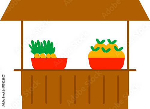 modern flat icons depicting scenes of retail and grocery shopping. Includes customers, vendors, fresh produce, and market stalls. Perfect for UI, websites, and healthy eating concepts.