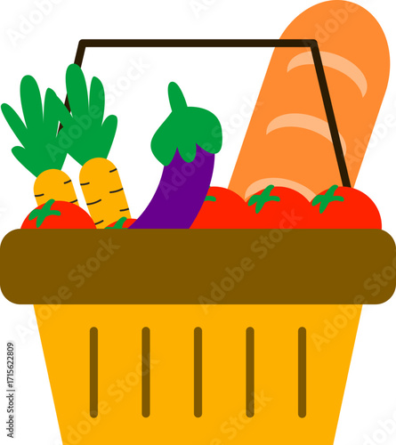 modern flat icons depicting scenes of retail and grocery shopping. Includes customers, vendors, fresh produce, and market stalls. Perfect for UI, websites, and healthy eating concepts.