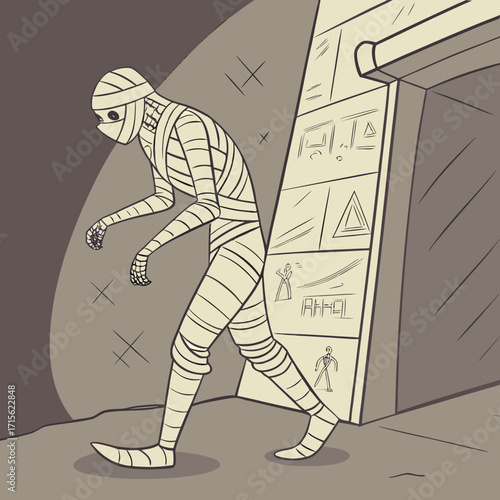 Illustration of a mummy walking out of a tomb with hieroglyphics on the wall in a sepia tone color scheme