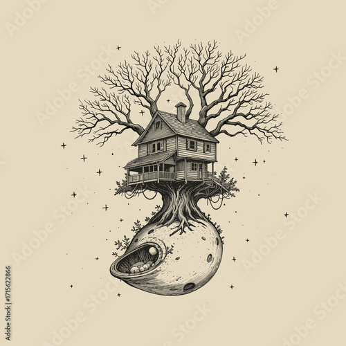 Surreal tree house on an alien egg with a mystical atmosphere and starry background
