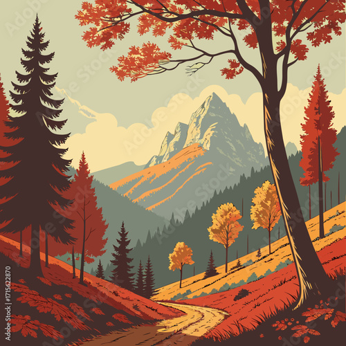 Autumnal mountain landscape with vibrant foliage and distant peaks under a serene sky in daytime scene