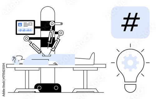 Robot performing surgery on a patient, screen monitoring health data, and idea-centric icons. Ideal for healthcare, innovation, future technology, surgery, AI application, medical devices simple