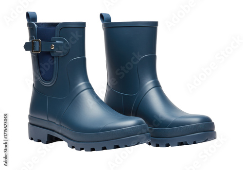 Foto Isolated pair of blue rain boots, ankle-high, with an adjustable buckle strap, n