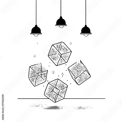 Illustration of four ice cubes floating under three hanging lamps in a simple black and white style