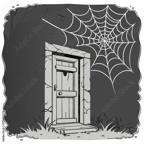 A stone doorway with a wooden door and a spiderweb against a dark background with grass at the bottom
