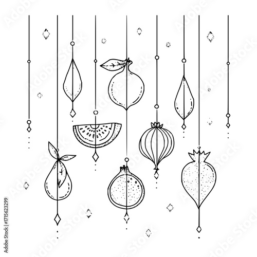 Hanging fruits line art with pear lemon watermelon onion fig and pomegranate on decorative strings design