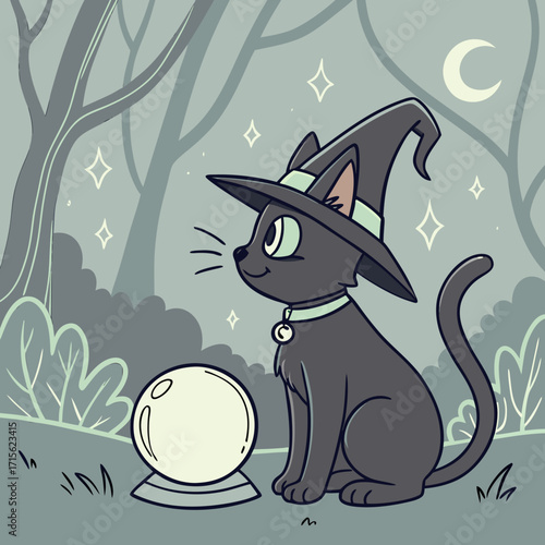 A cartoon black cat wearing a witch hat sitting next to a crystal ball in a forest under a crescent moon