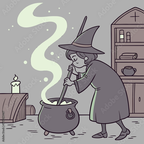 A witch stirring a cauldron with smoke rising, wearing a hat and robe, in a room with furniture and a candle
