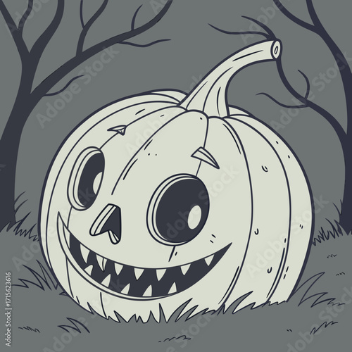Cartoonish halloween pumpkin with a toothy grin sitting in grass with barren trees in the background design