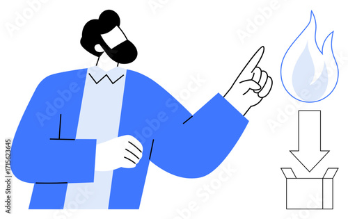 Man gestures toward an abstract flame with a downward arrow leading into a box. Ideal for creativity, innovation, problem-solving, focus, passion, goal-setting, and transformation concepts. Simple