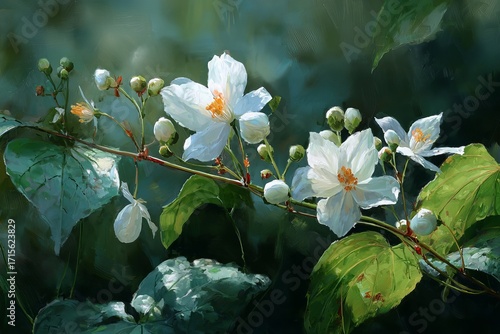 Delicate white blossoms with yellow centers on a branch, illuminated against a soft, bokeh-filled green background.
