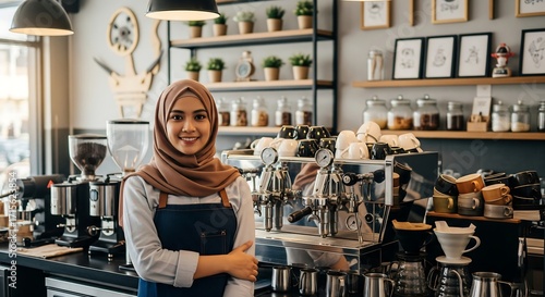 Smiling female barista wearing a hijab and apron standing in a modern and well-lit coffee shop.
