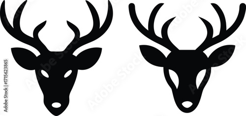 deer head silhouette, minimalist black and white animal art, vector illustration of stag antler symbol,