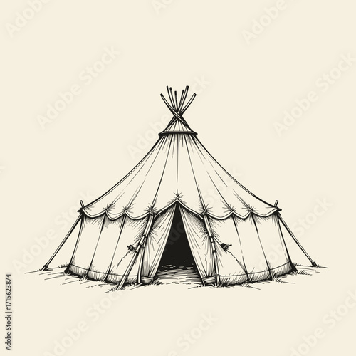 Hand-drawn vintage circus tent illustration, on a light beige background
