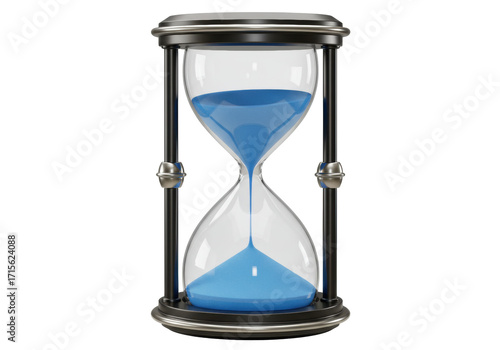 Canvas Print Isolated hour glass shows blue sand running out measuring duration passing deadl