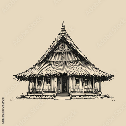Hand drawn traditional thatched wooden hut with veranda on vintage beige background