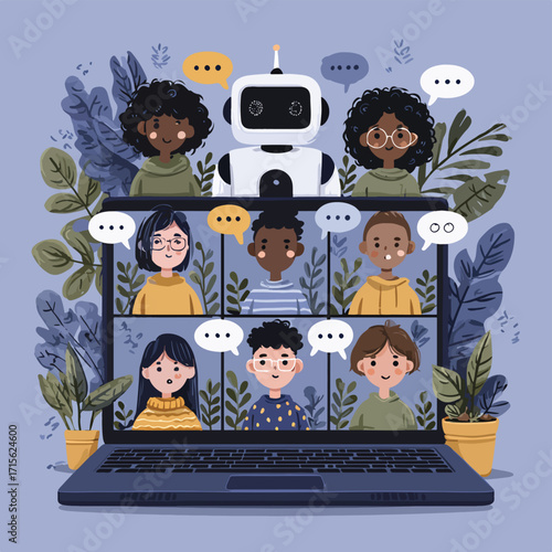 多様な人々とロボットによるオンライン会議のベクターイラスト