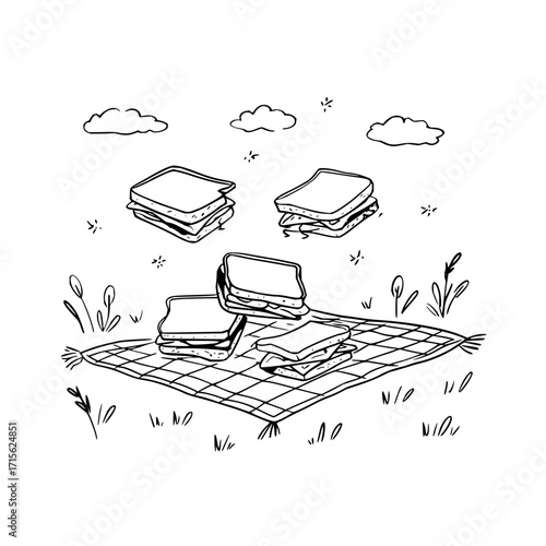 Hand drawn picnic scene with sandwiches on a blanket under clouds in a simple black and white illustration