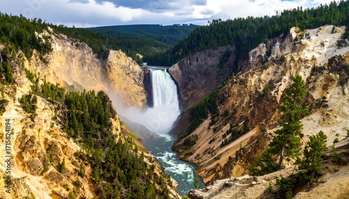 Majestic waterfall cascading through canyons
