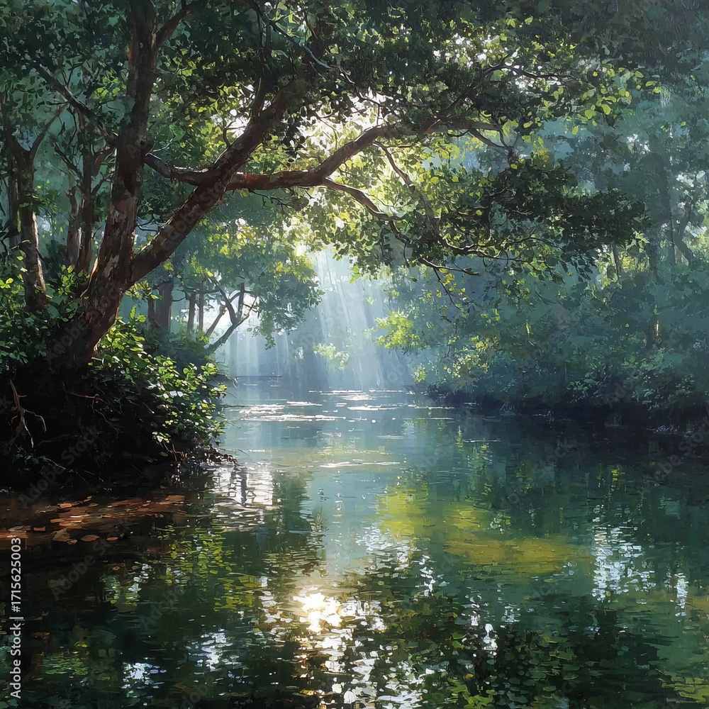 Fototapeta premium This stunning stock photo features a serene river flowing through a lush forest. Sun rays beautifully pierce the tree canopy, illuminating the clear, shimmering water.
