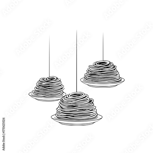 Three plates of spaghetti hanging from the ceiling in a black and white minimalist illustration style image