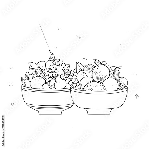 Two bowls filled with a variety of fruits including grapes oranges and other assorted fruits in line art