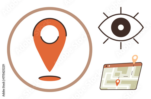 Pin, map, and eye represent location tracking and navigation tools. Ideal for travel, GPS, maps, journey planning, geolocation technology exploration. Simple flat metaphor