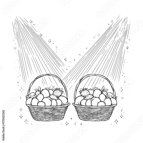 Two baskets filled with fruits under radiating light in a black and white line drawing illustration