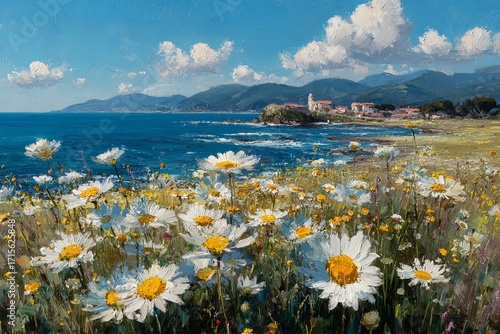 A vibrant painting depicts a coastal scene with a field of white daisies in the foreground. A tranquil blue sea stretches towards a distant town under a bright, cloudy sky.