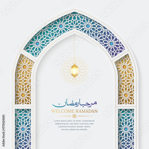 Welcome Ramadan colorful Islamic design with decorative arch frame and pattern  