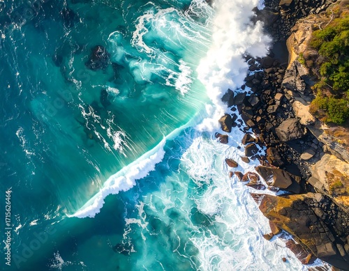 Powerful ocean waves crashing against a dark rocky shoreline, showcasing vibrant teal water colors and a dramatic coastal scene.